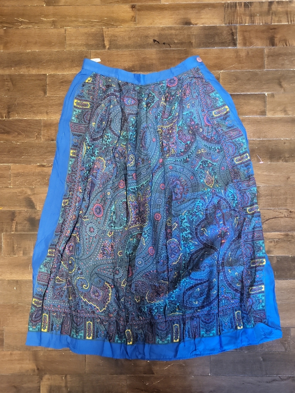 Vintage Blue Paisley Midi Skirt with Bright Trim
